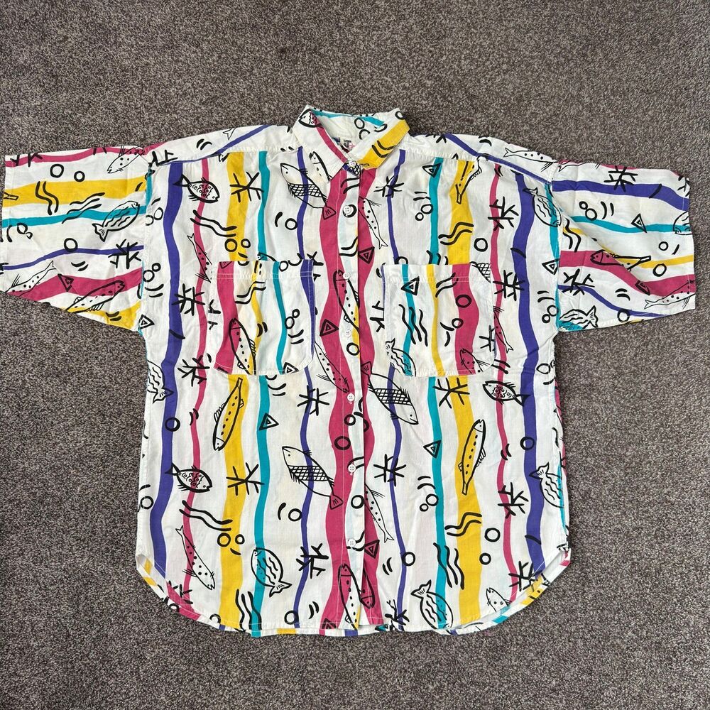 Vtg 90s JT Casuals Abstract Novelty Fish Print Shirt Mens Large Memphis Geometri
